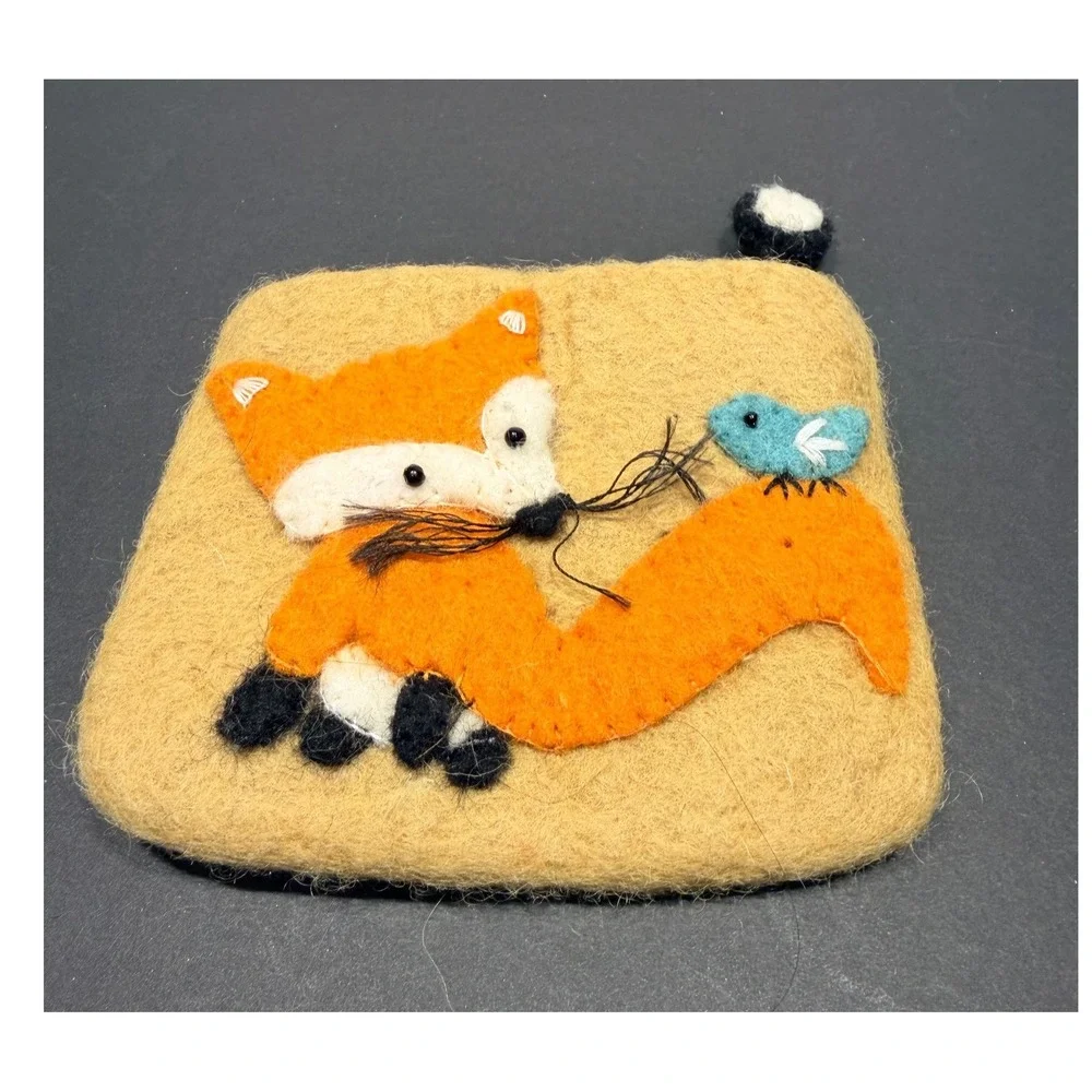Handmade Felted Wool Fox Bird Coin Purse Pouch Mustard Yellow Made in Nepal